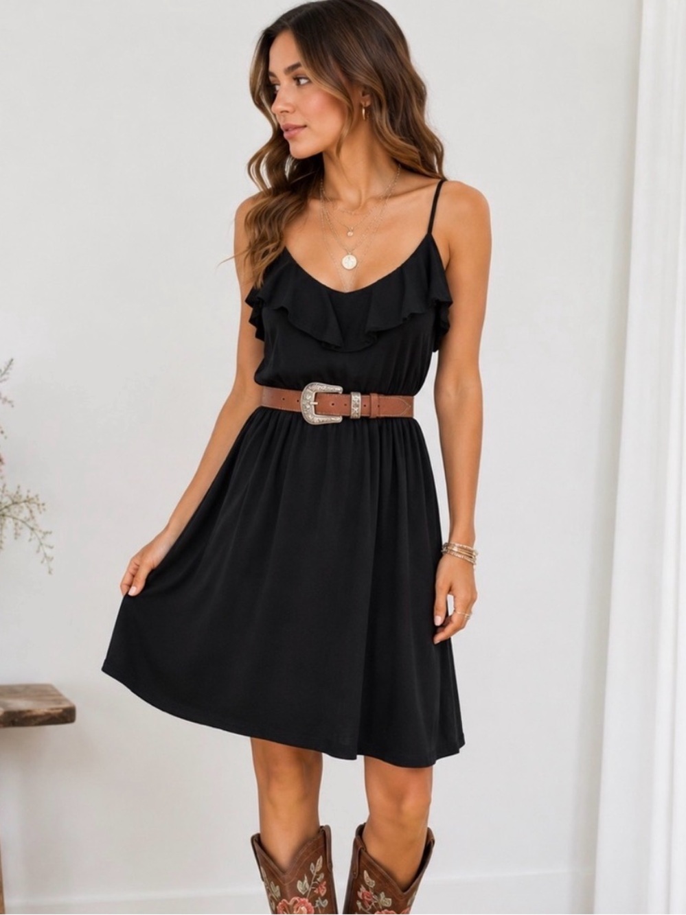 Black Ruffle Mini Dress Spaghetti Strap Fit Flare Summer Concert Festival Medium